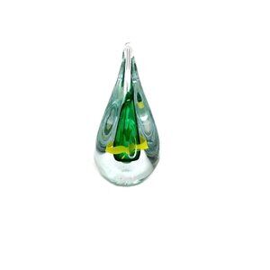Green Glass Blown Paperweight Water Drop Signed Vintage Office Decor Gift